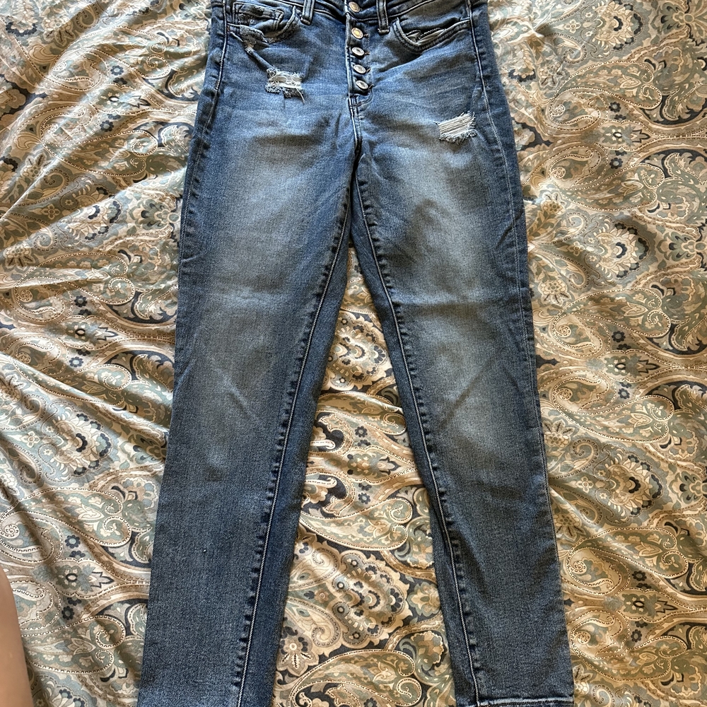 High Rise Blue Jeans with Distressed Details